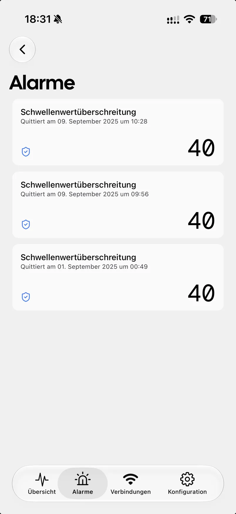 Alarmliste mit drei quittierten Schwellenwertüberschreitungen