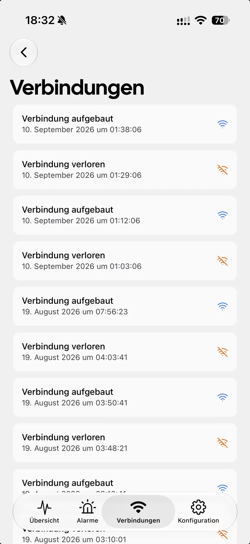 Verbindungsprotokoll in der Drainbee App mit aufgebauten und verlorenen WLAN-Verbindungen