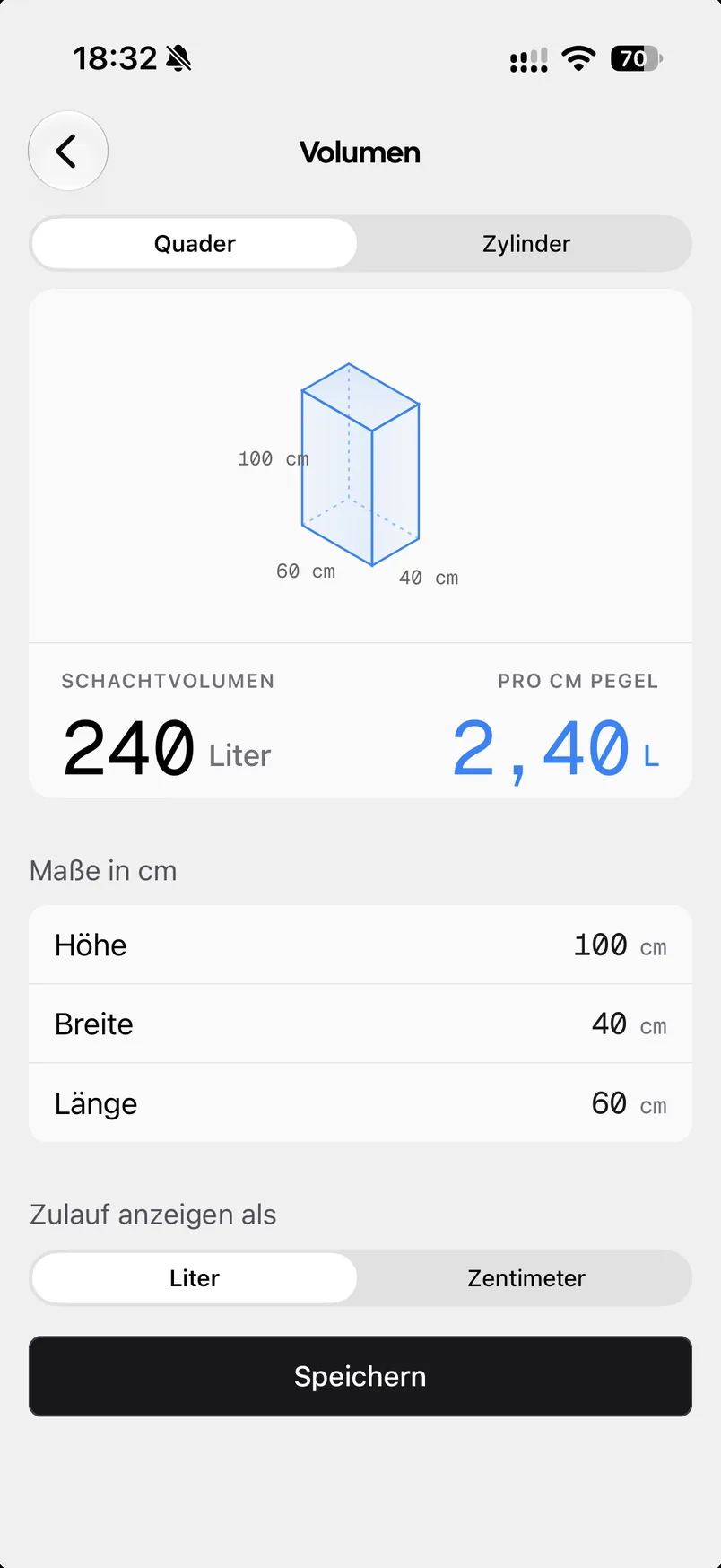 Volumen-Einstellung in der Drainbee App: Quader mit 240 Litern Schachtvolumen und 2,40 Litern pro Zentimeter Pegel