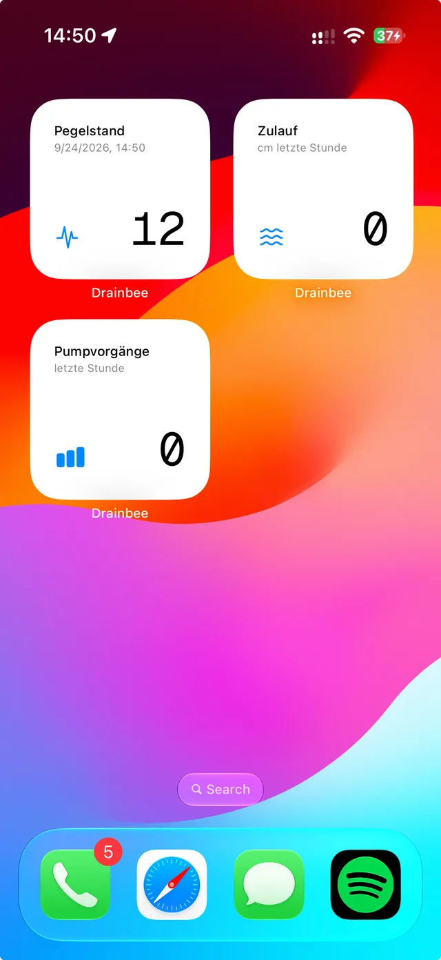 Drainbee-Widgets auf dem iPhone-Homescreen: Pegelstand, Zulauf und Pumpvorgänge